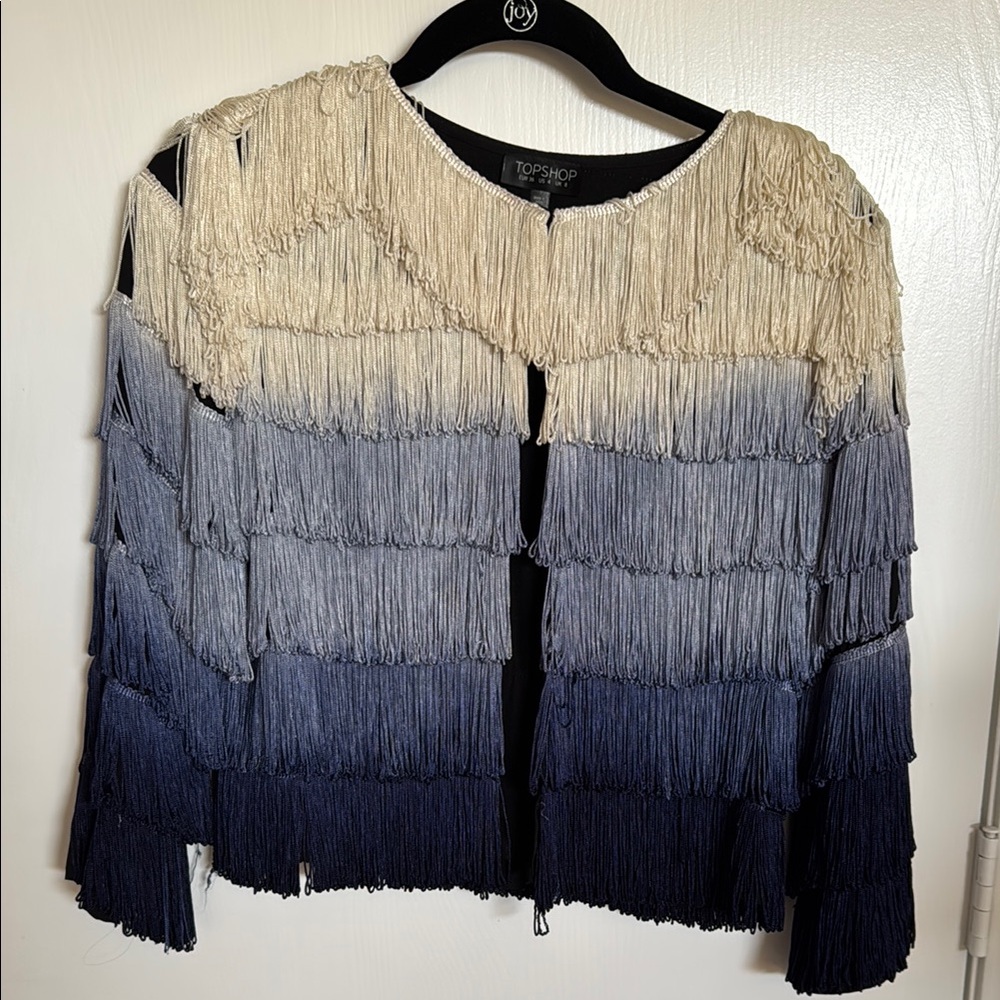 Topshop Layered Fringe Jacket in Cream and Blue